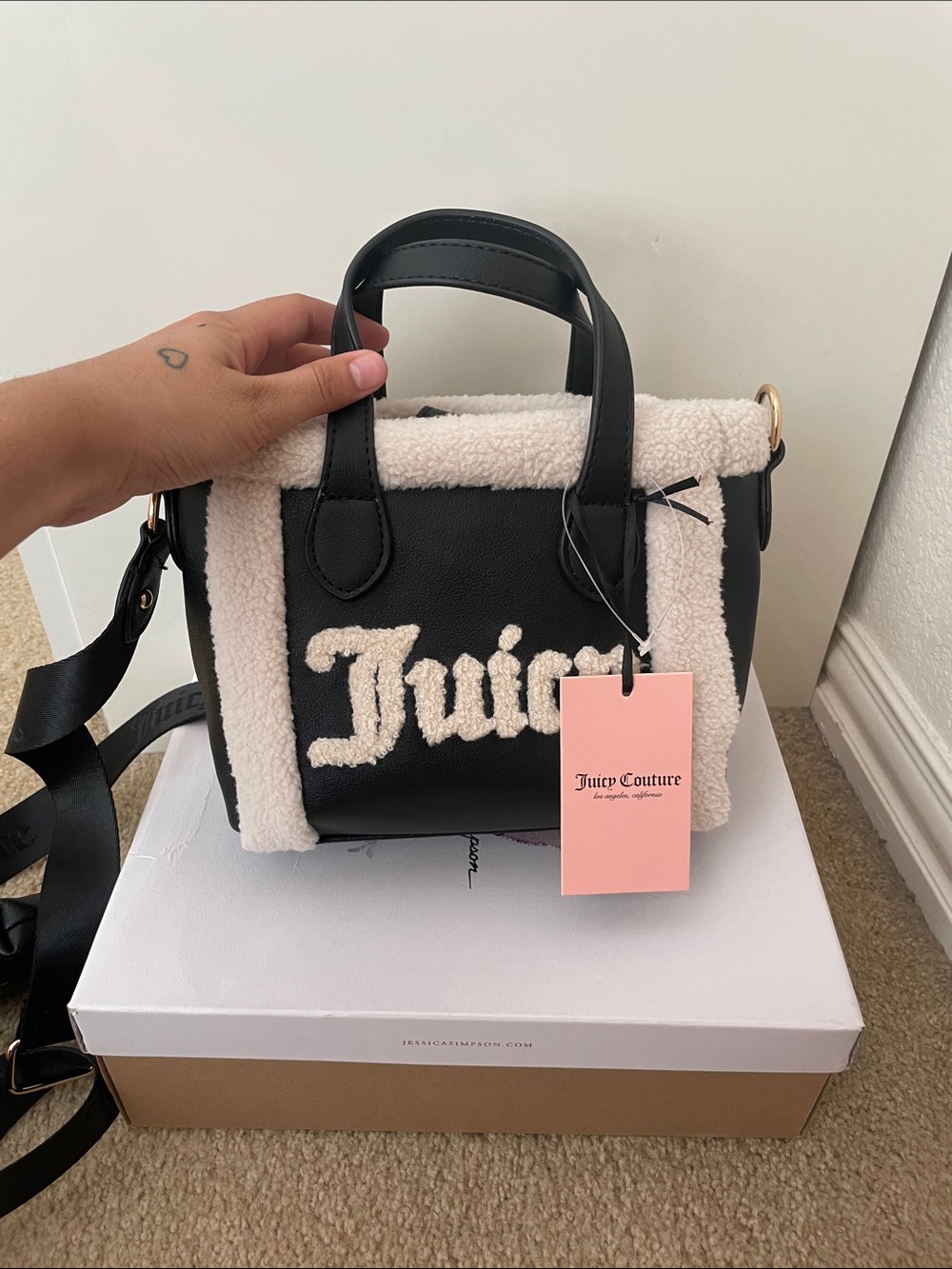 Juicy Couture Black Satchel with Cream Shearling Trim